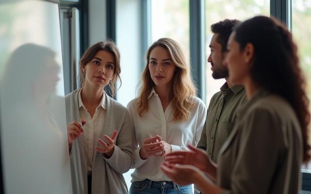 Group of educators in a workshop, actively participating in a discussion about climate science and renewable energy teaching methods.