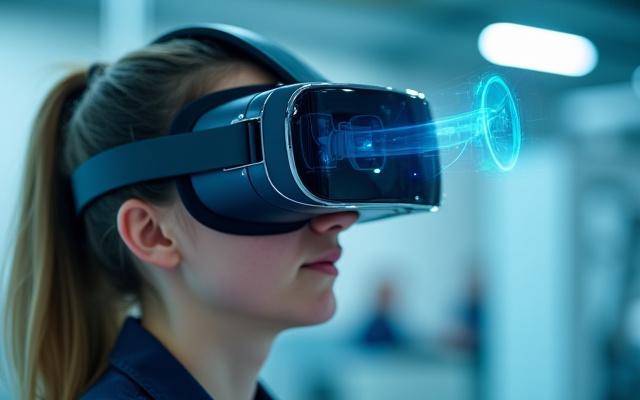 Student wearing a VR headset, immersed in a virtual wind turbine maintenance training simulation.